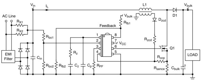 Figure 1. Generic SchematicAC LineRX1RX2EMIFilterVinIL L1VbulkRfb1Rbo1CinRbo2Rfb2RzCzCpRFF81726354FeedbackVCC Q1 V bulkD1RsenceRocpRzcdDzcd LOADCbulk+ ステップ1：主要な仕様の定義  f line : +,'5波数50 Hz/60 Hz"#$%&amp;' 2KsH 際､wST 47~63 Hz範.規0=>､8